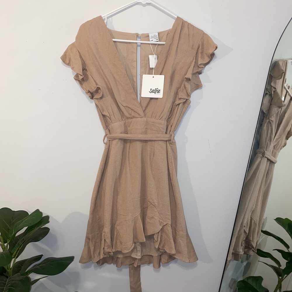 Selfie Leslie Beige Ruffled V-Neck Wrap Dress